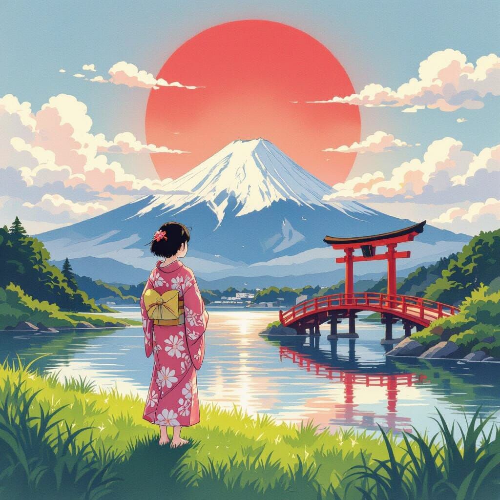 Ghibli Style Girl in Kimono with Mount Fuji Backdrop