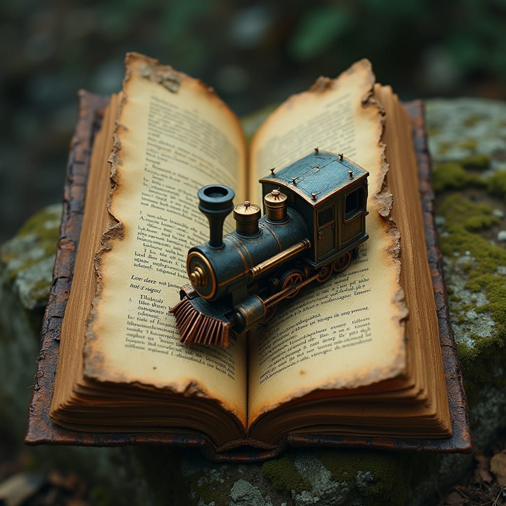 Steampunk Train Emerges from Ancient Book: Digital Art