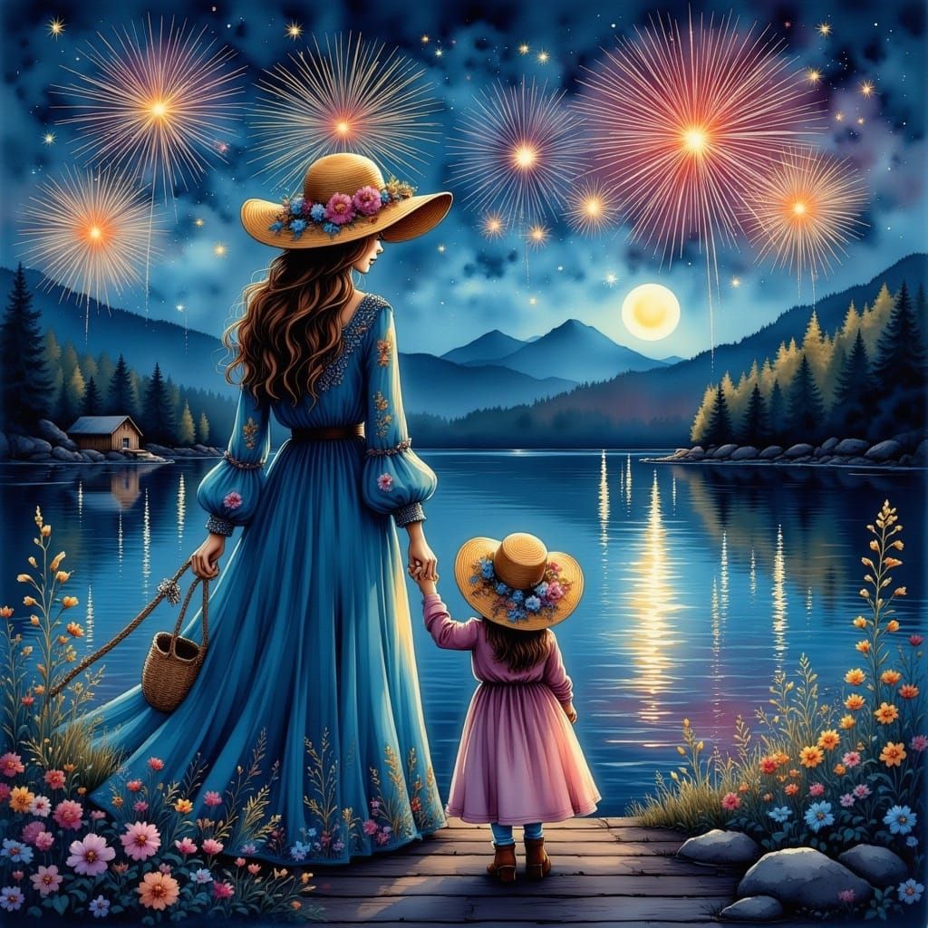 Enchanted Mother and Daughter Watch Fireworks