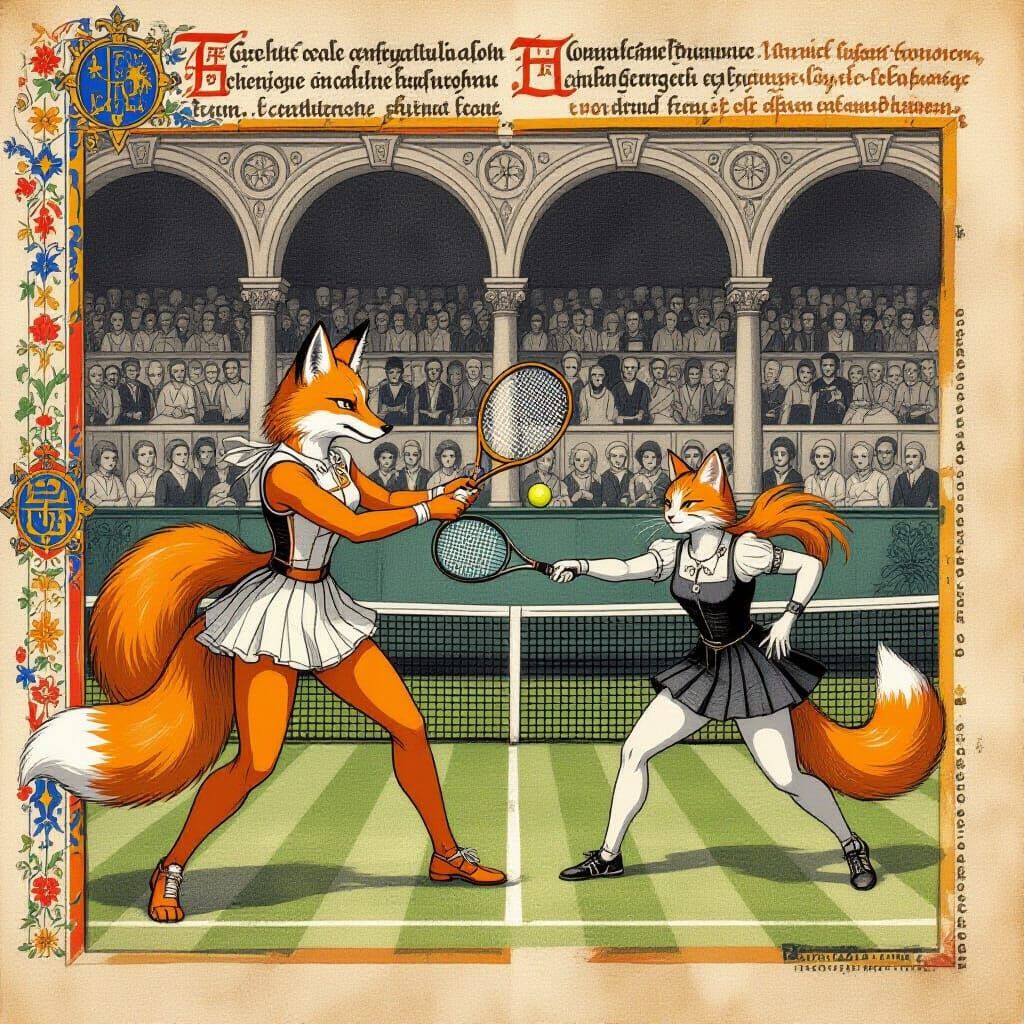 Kitsune Versus Neko at Wimbledon: Charcoal Illustration