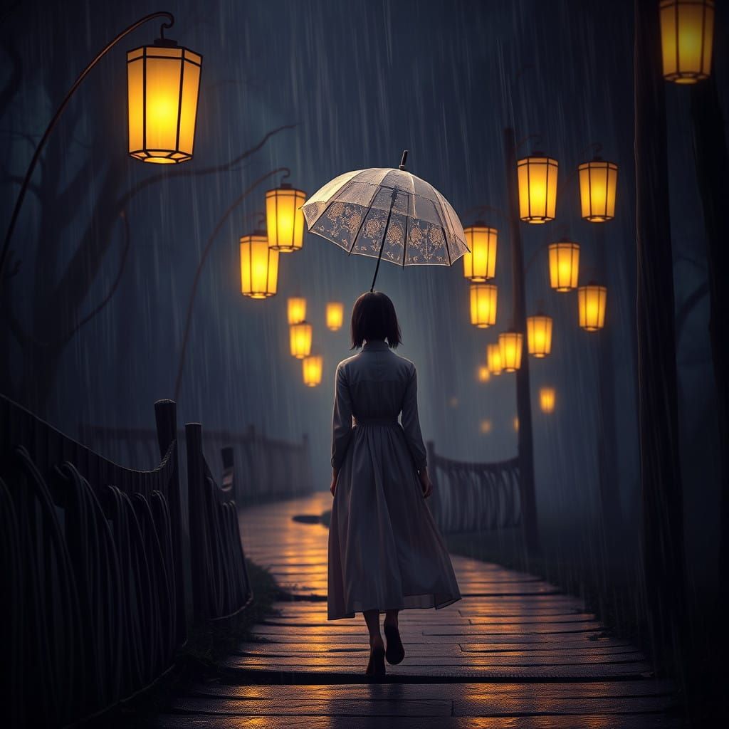 Dreamlike Lantern Path in the Rainy Night