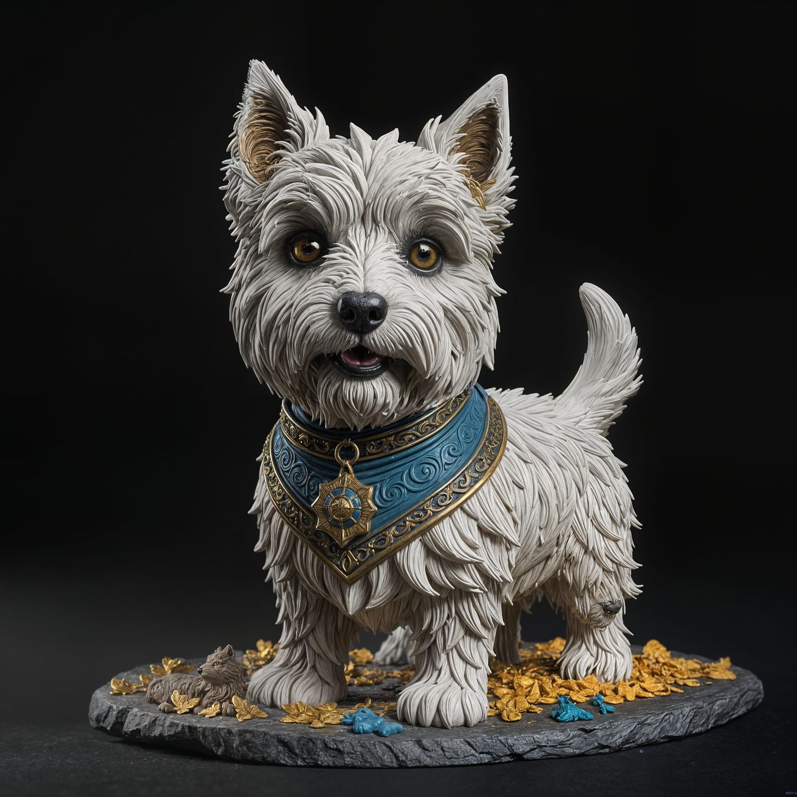 Detailed Clay Westie Sculpture on Black Background