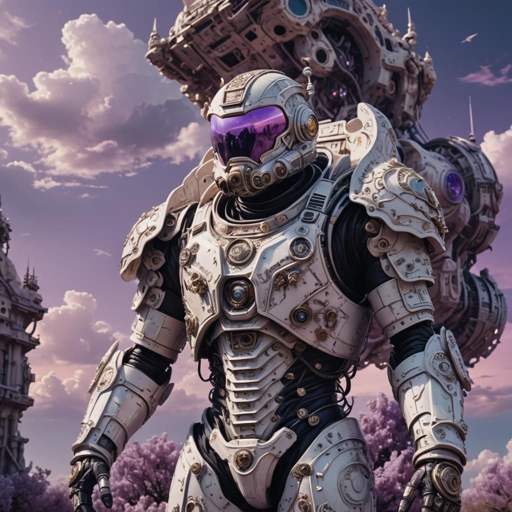 Biomechanical Astronaut in Stone Armor Under Lilac Sky