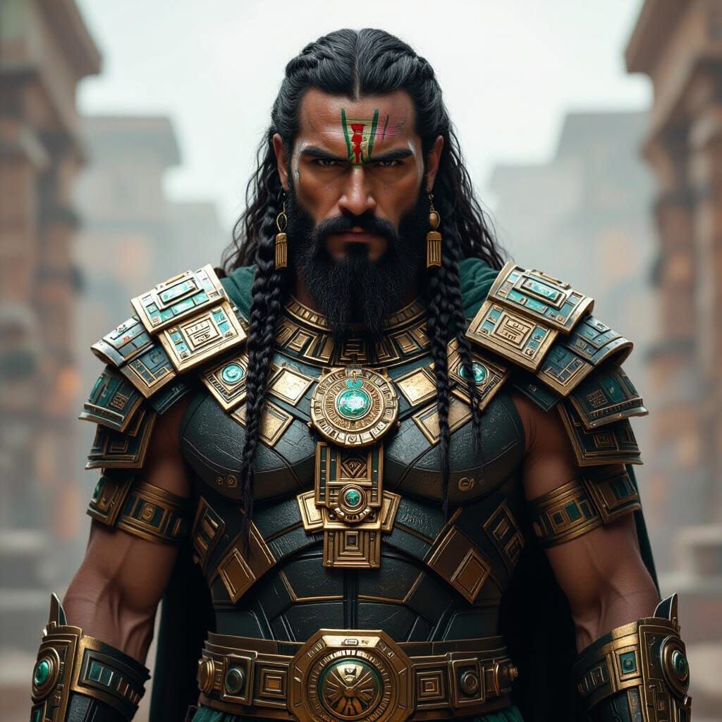 Aztec God of War in Futuristic Obsidian Armor