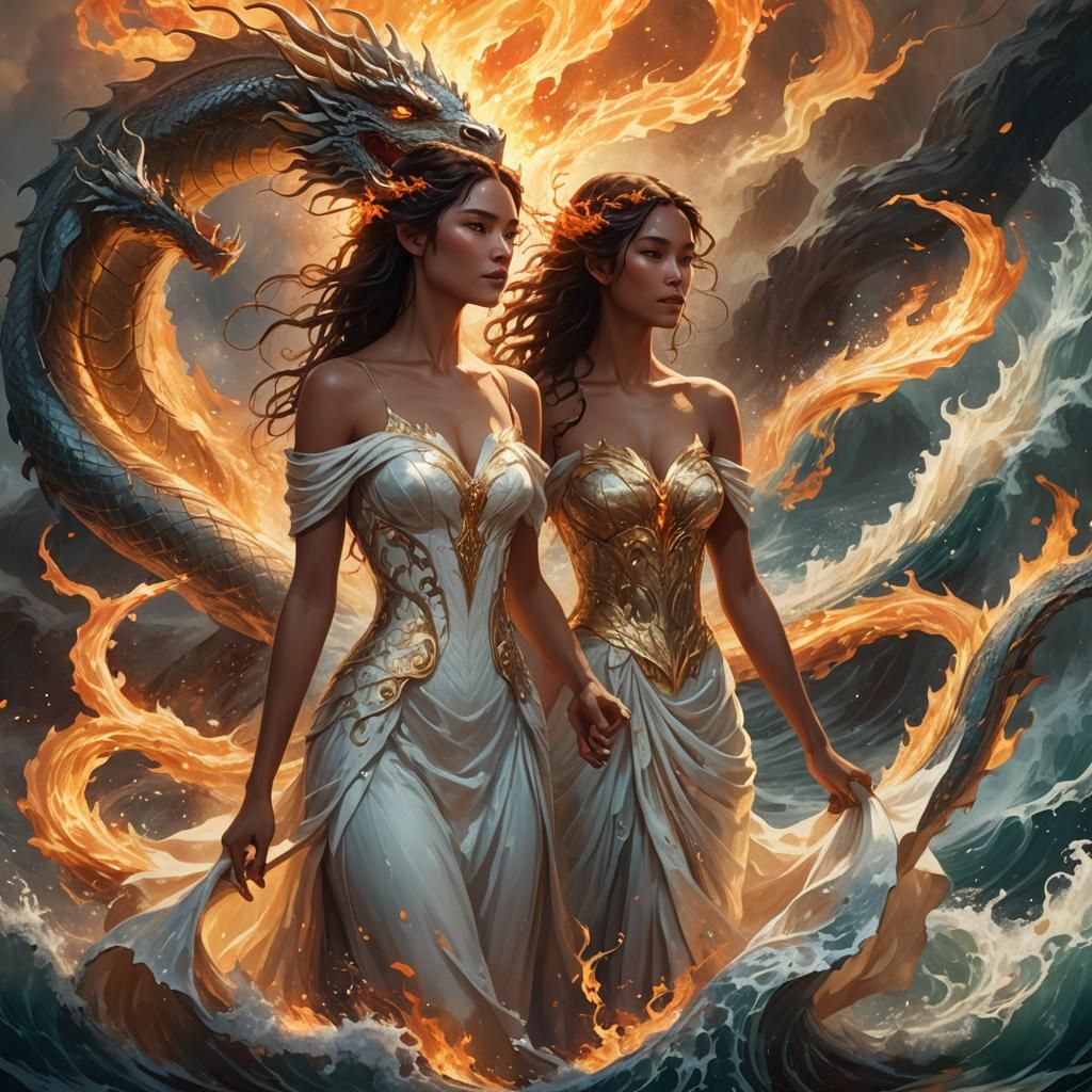 Fantasy Woman with Dragon in Fire and Water