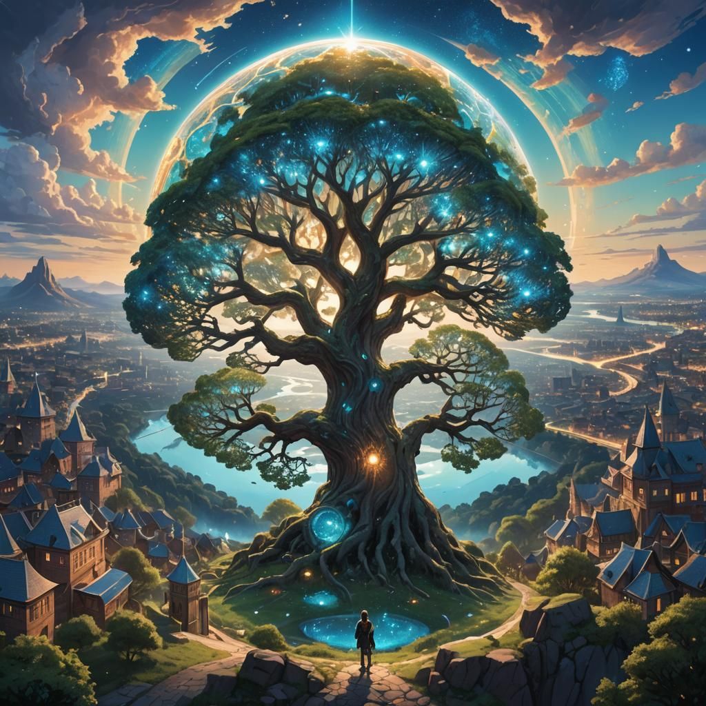 Vibrant Yggdrasil Tree Illuminates Distant City