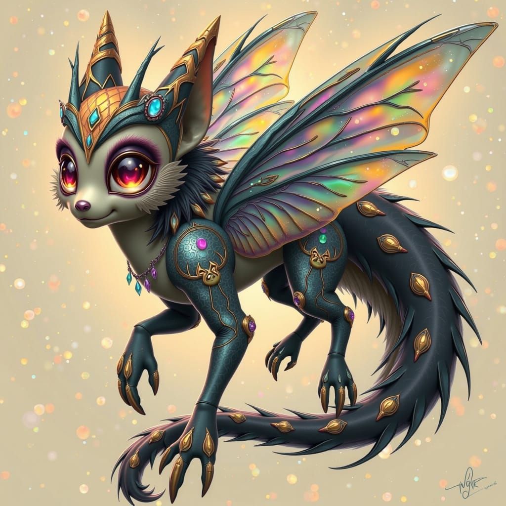 Whimsical Iridescent Creature in Futuristic Fantasy Landscap...