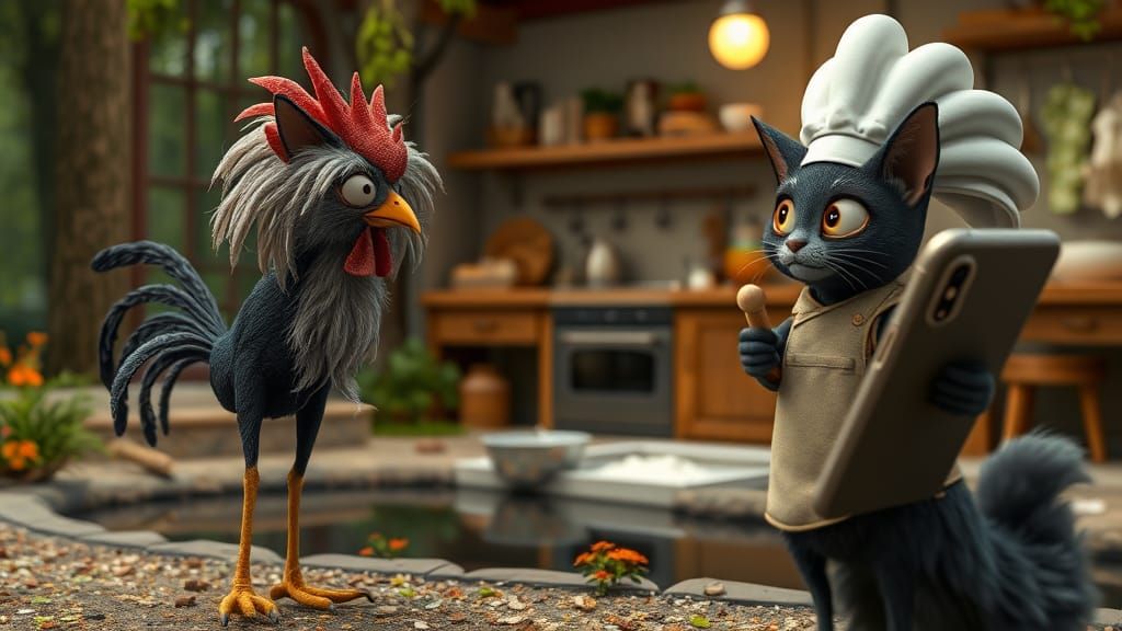 Pixar-Inspired Whimsical Scene with Cat and Chicken