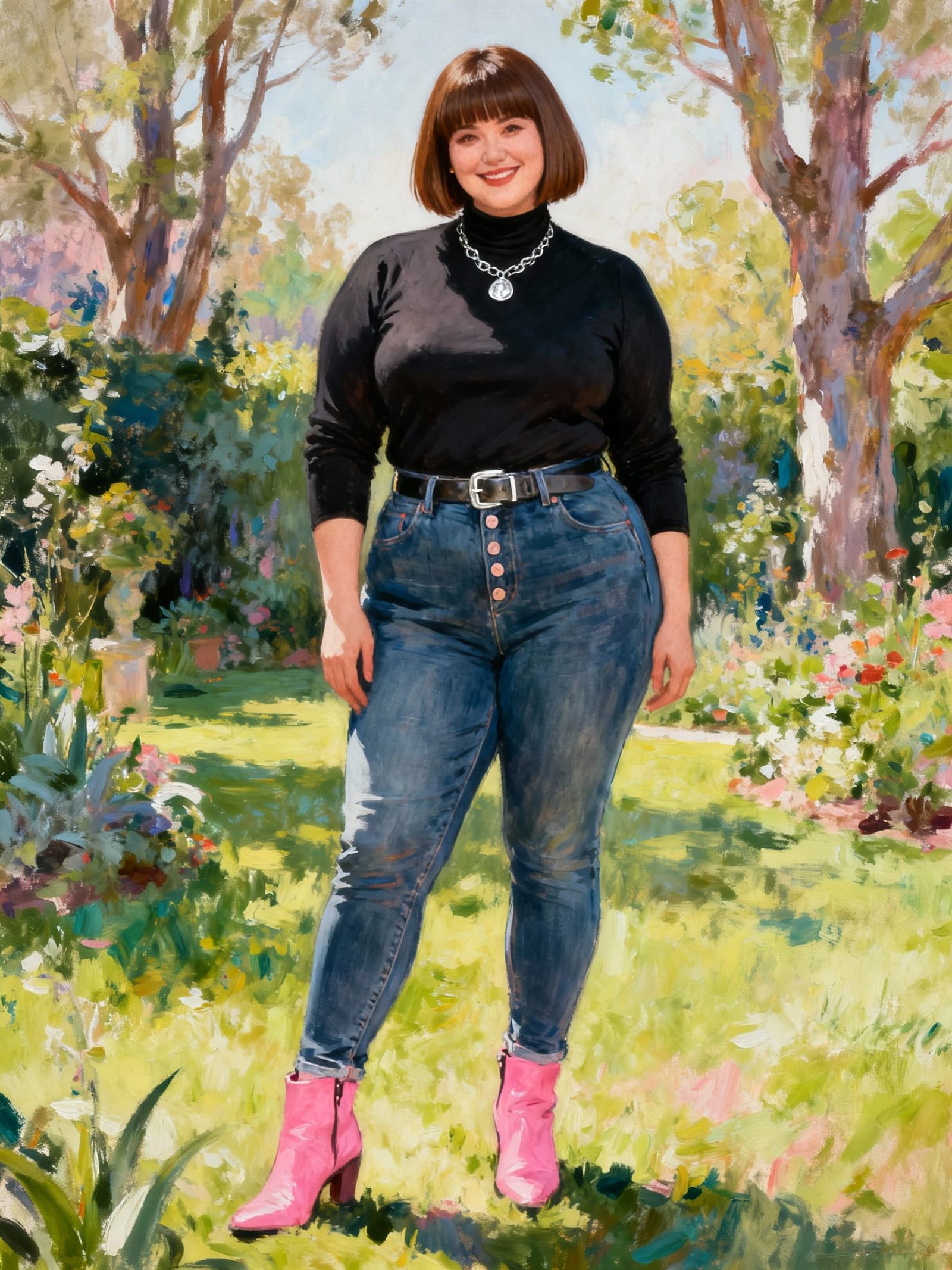 Elegant Woman in Skinny Jeans and Pink Boots in Garden Oil P...