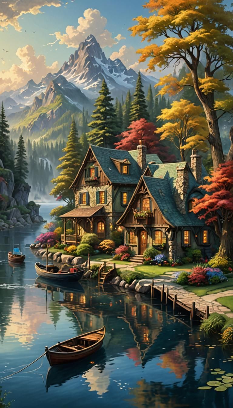 House and Boat on Water as Detailed Matte Painting