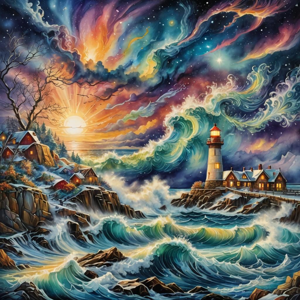 Chaotic Winter Seascape Lighthouse, Watercolor Style