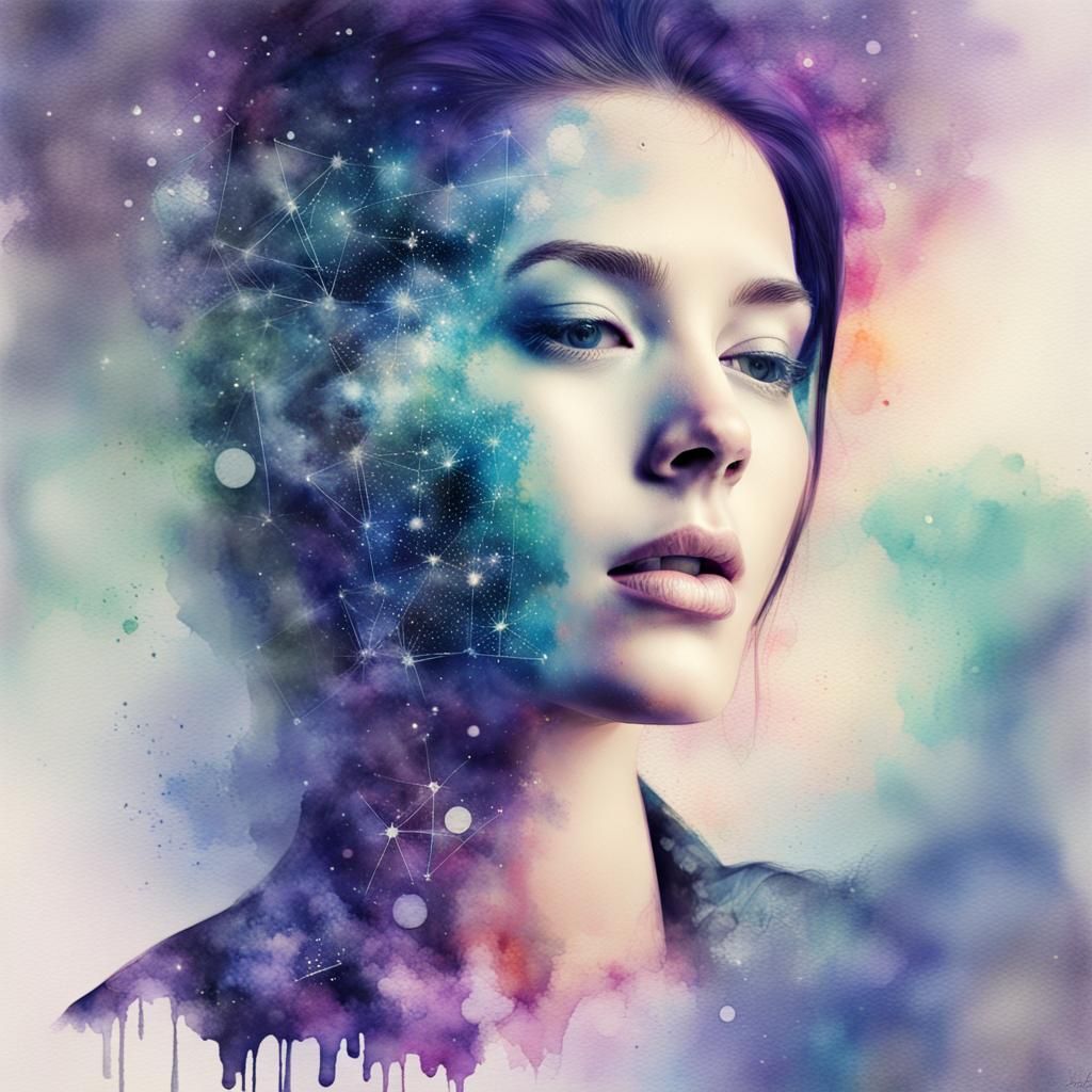 Galaxy Face in Double Exposure Watercolor Art