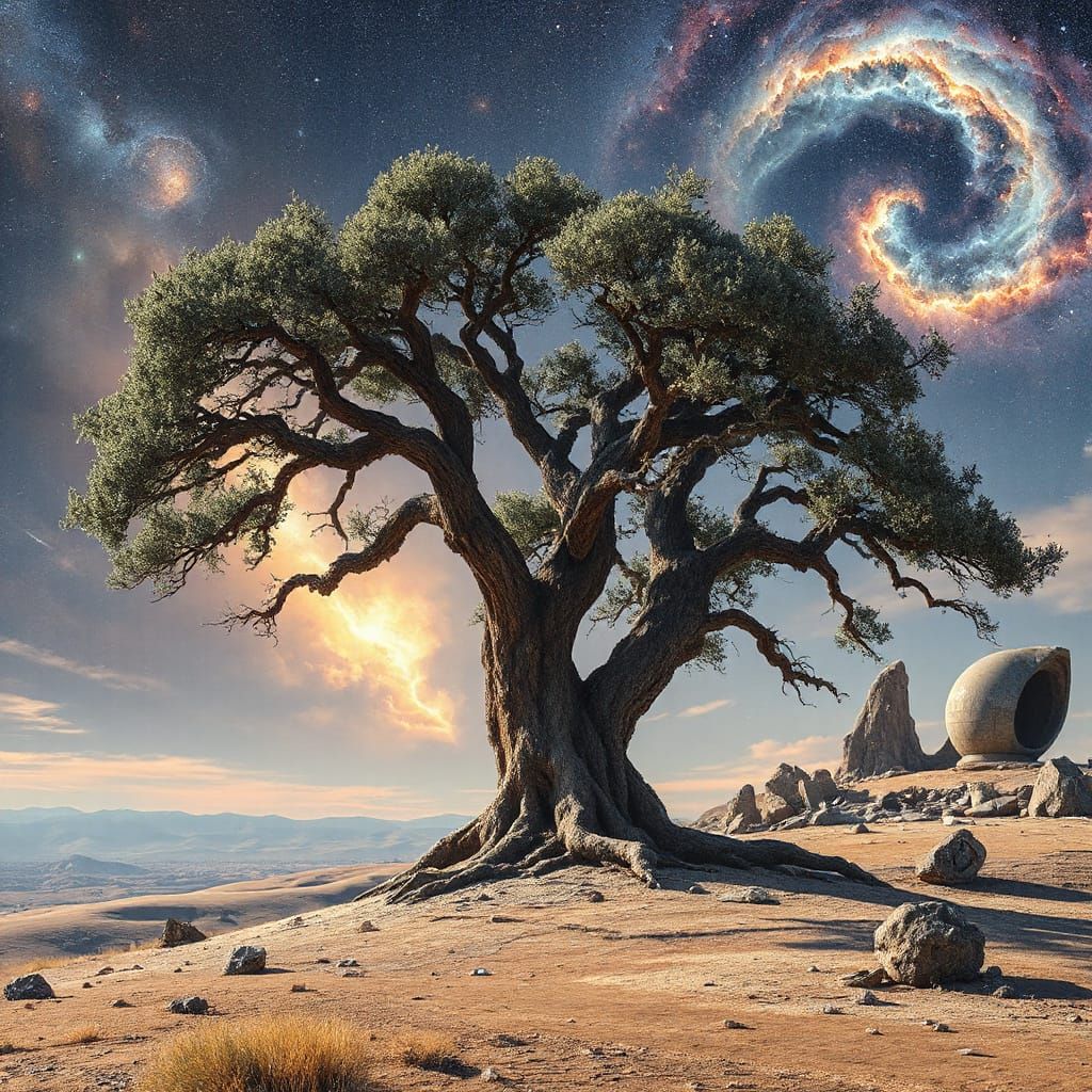 Oak Tree Amidst Nebulae and Shattered Technology