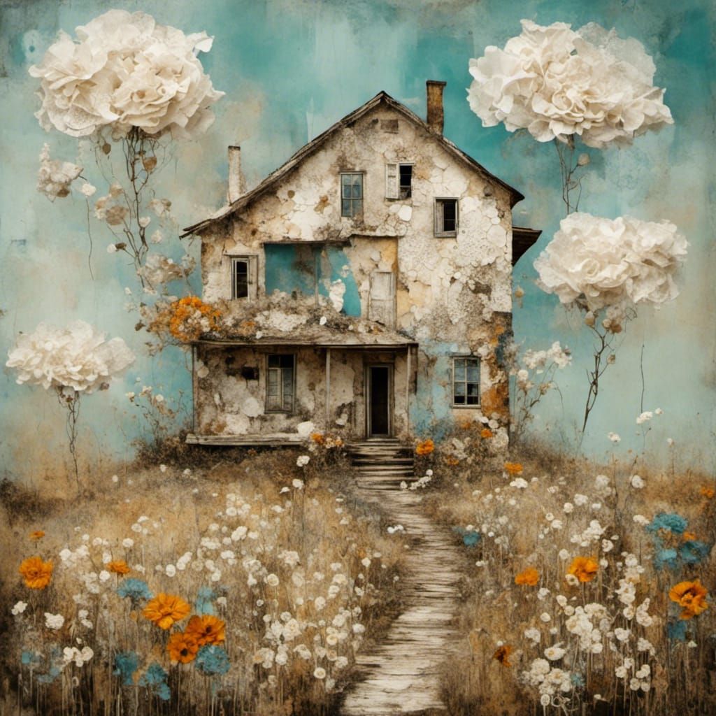 Surreal Farmhouse Landscape with Floral Accents