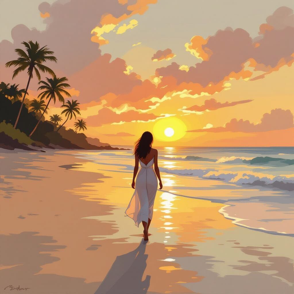 Woman on Beach at Sunset in Impressionist Style