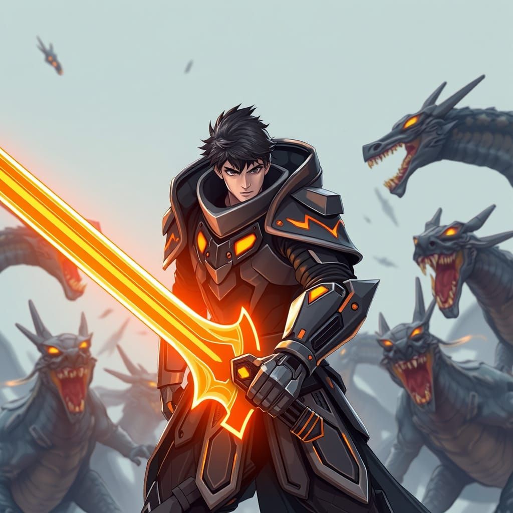 Cyberpunk Warrior Engages Draconic Aliens in Intense Battle