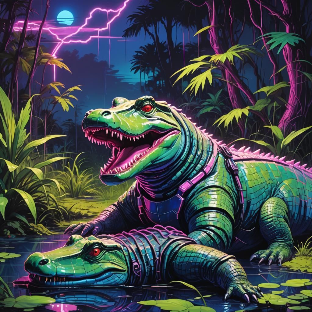 Chubby Alligator Receives CPR in Neon Synthwave Painting