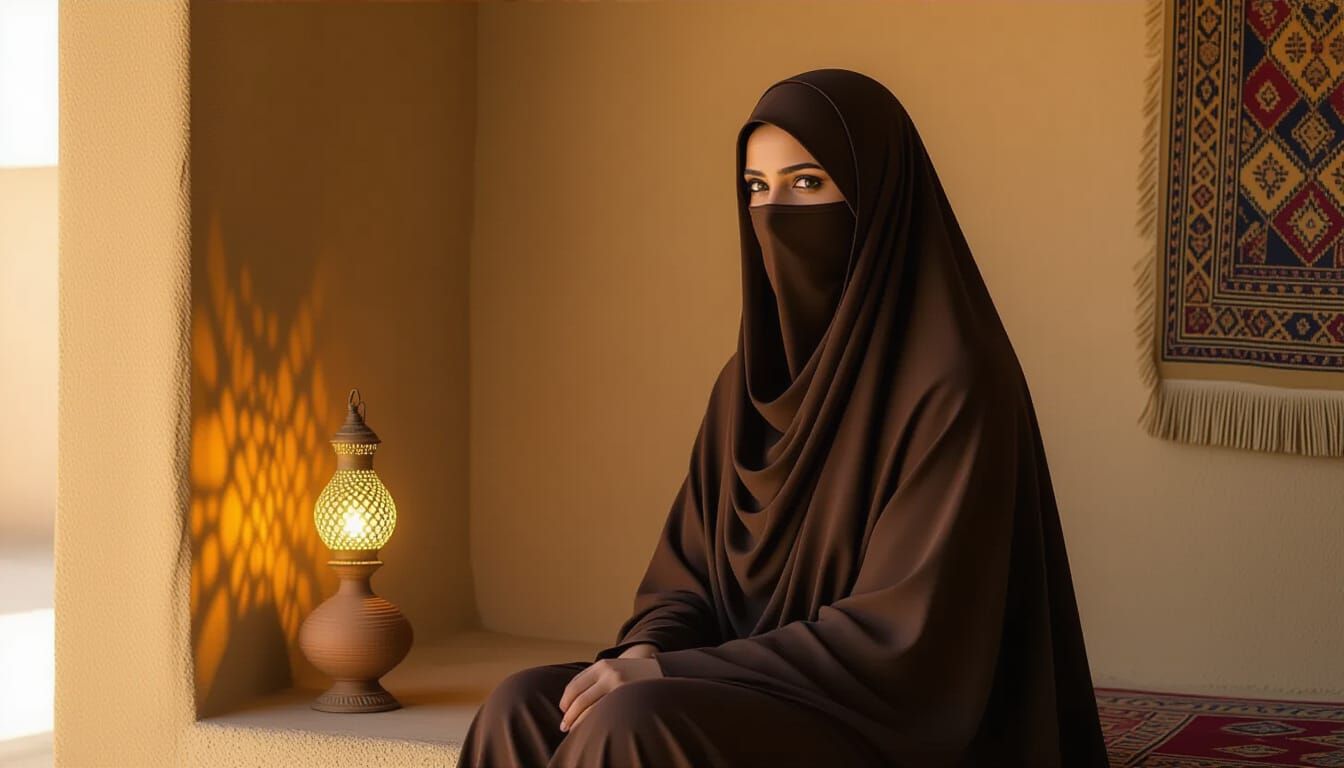 Serene Muslim Woman in Abaya with Lamp, Hyperrealistic Style