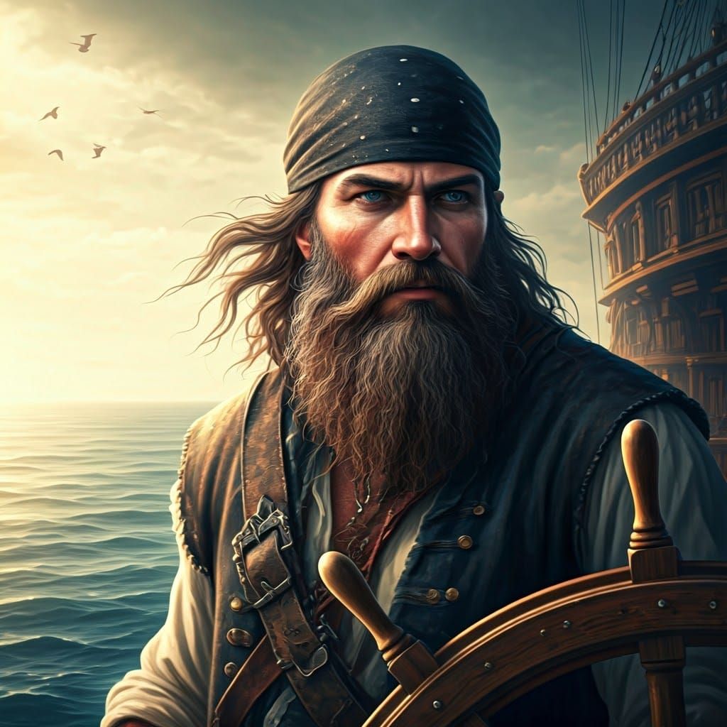 Rugged Pirate in Golden, Dreamlike Seascape