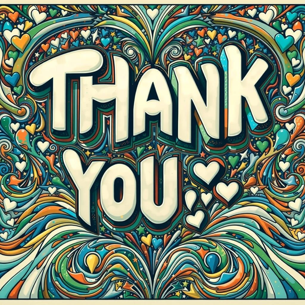 Text that says "THANK" and "YOU" on two separate lines in a whimsical curly psychedelic textured font. Bold, extra bold,...