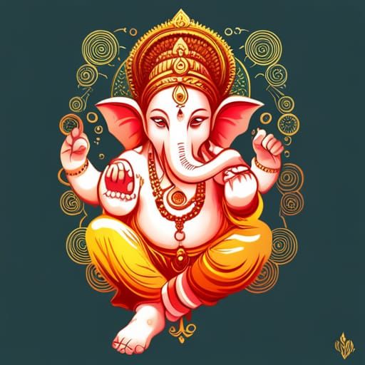 Intricate Digital Painting of Ganesha with Golden Outlines