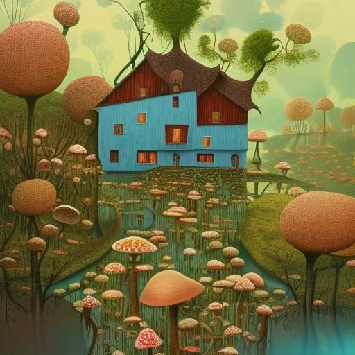Surreal Watermill Village Landscape in Anime Style