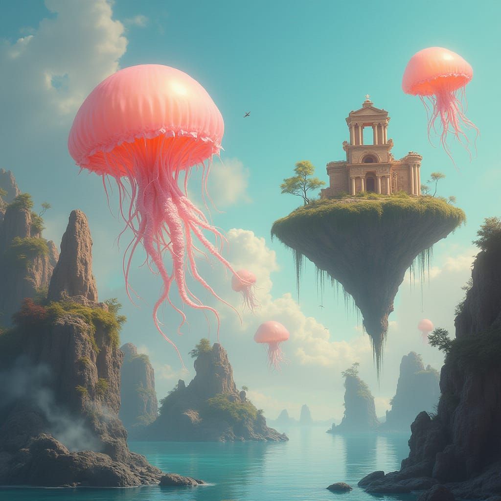 Surreal Dreamscape: Floating Islands and Luminous Jellyfish