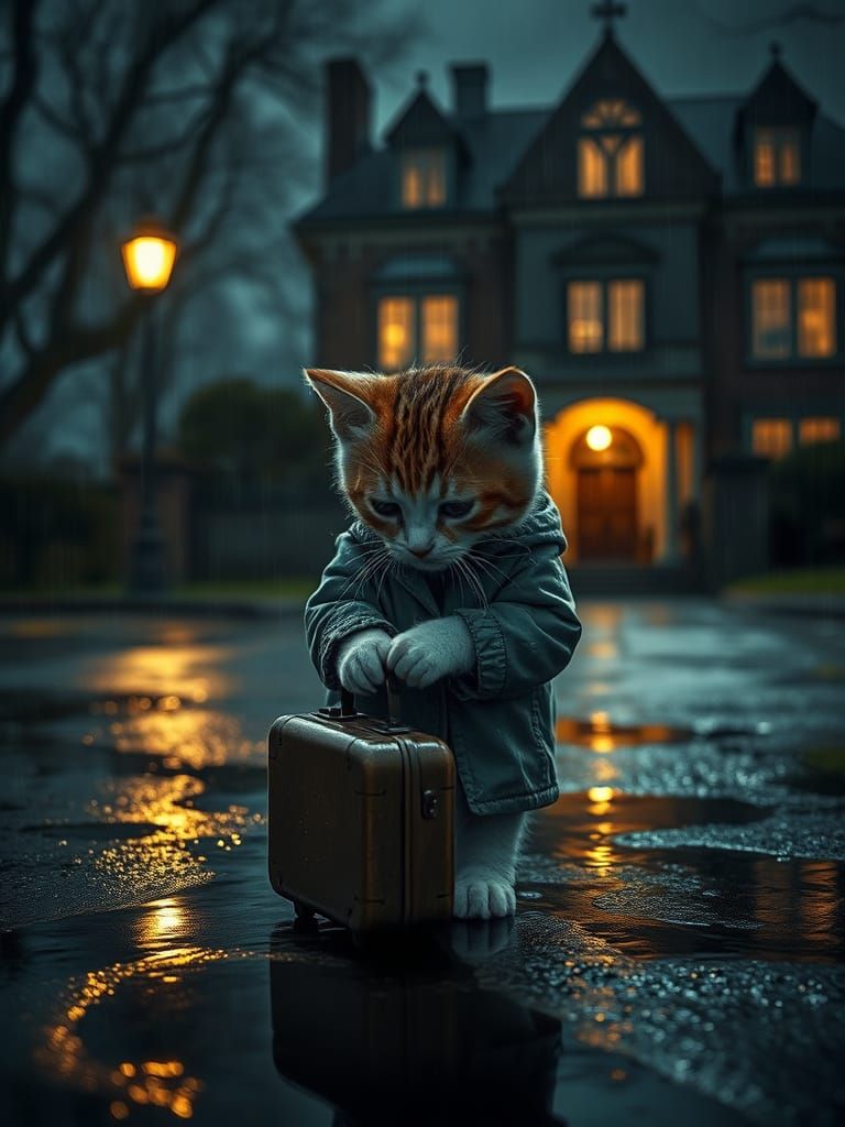 Drenched Kitten with Suitcase on Rainy Street