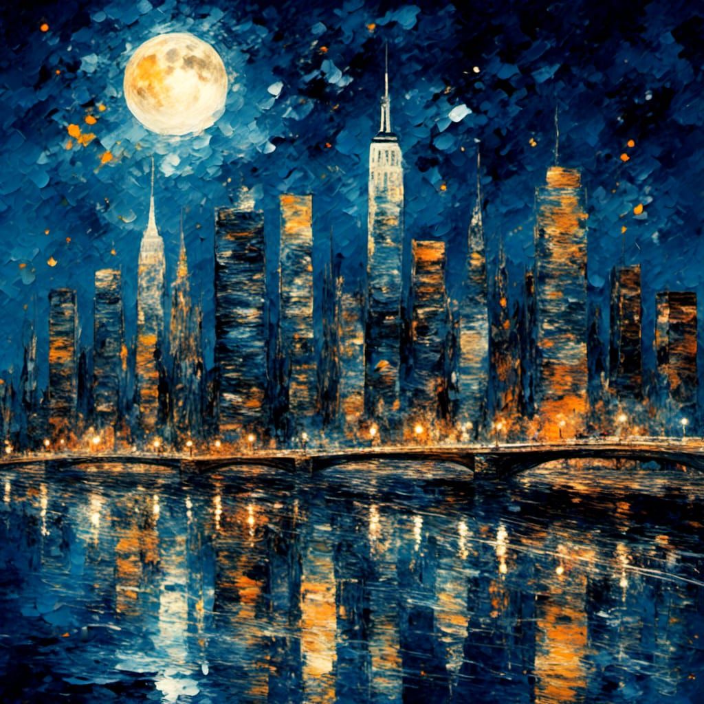 New York Night Cityscape Under Moon in Impressionism Style