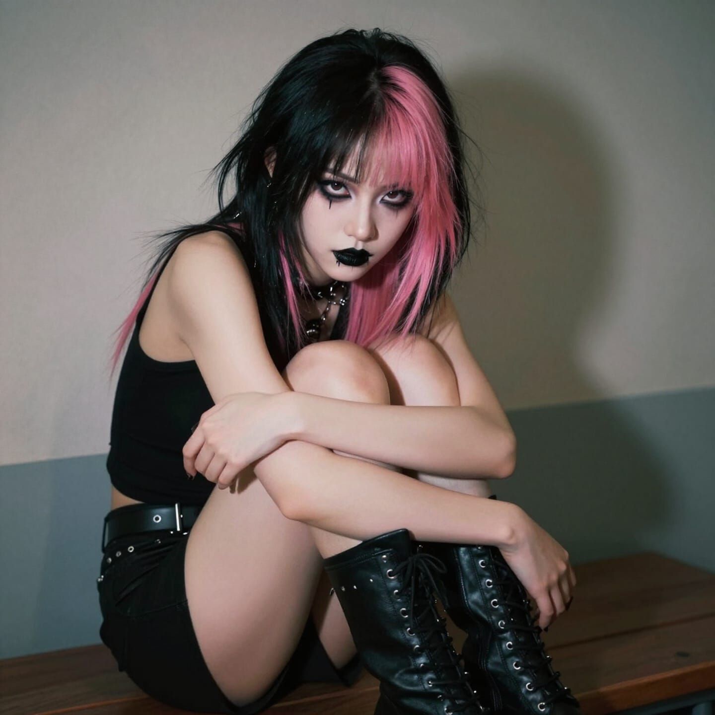 Punk Girl with Pink Hair on Bench