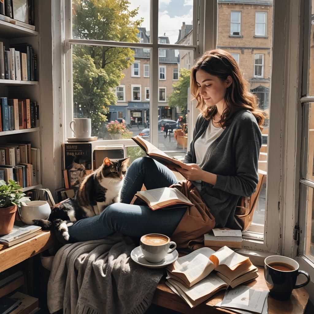 Woman Reading with Cat and Coffee by Window