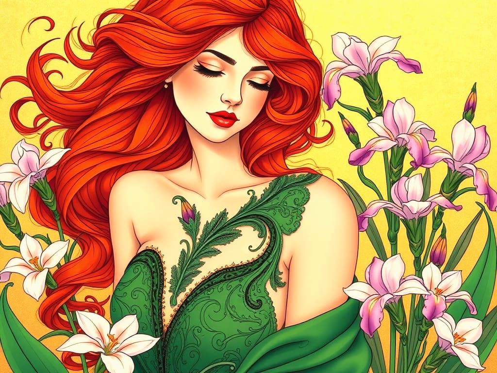 Art Nouveau Woman With Flowers In Golden Light