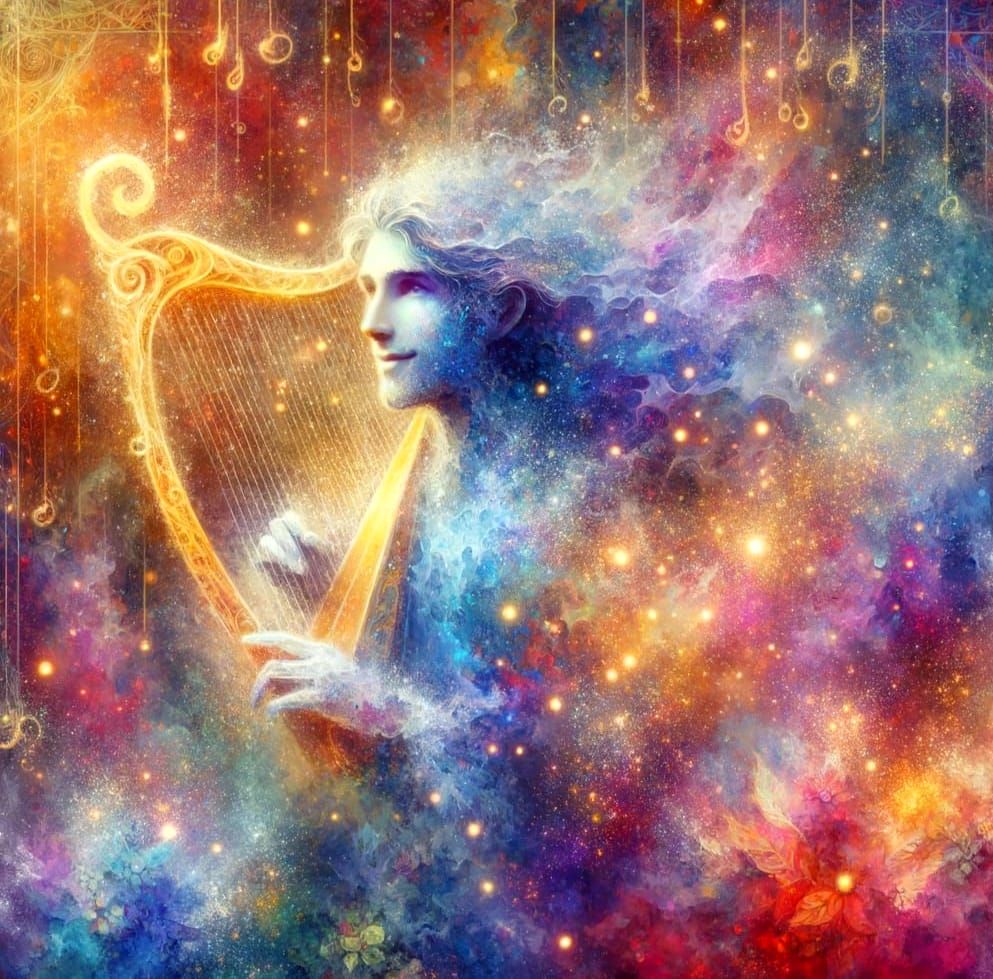 Ethereal Watercolour Painting of Orpheus with Golden Harp