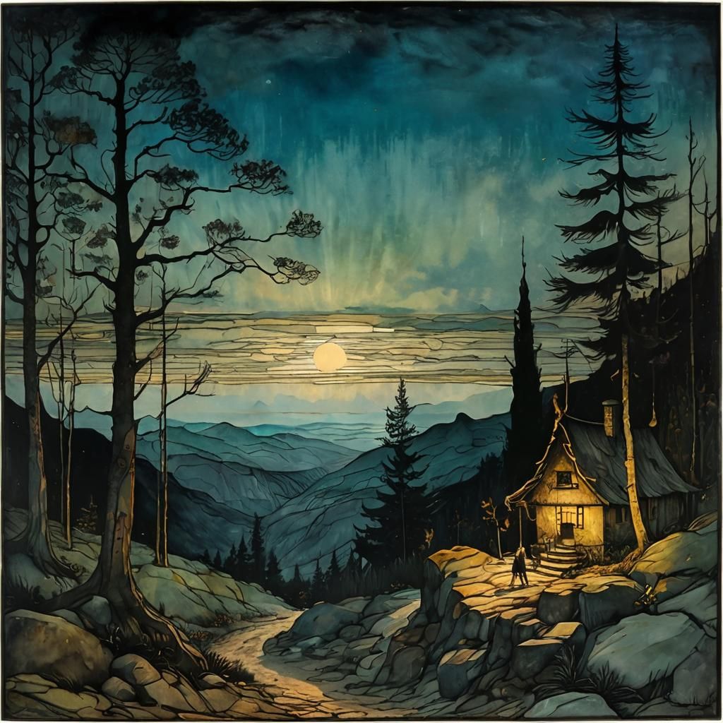 Whimsical Mountain Sunrise: Fantasy Illustration