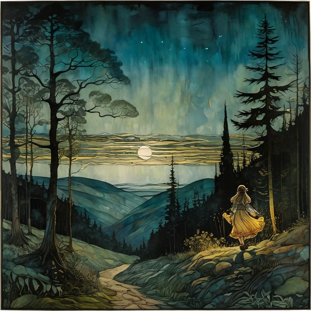 Whimsical Fantasy Girl Steps into Sunlit Meadow