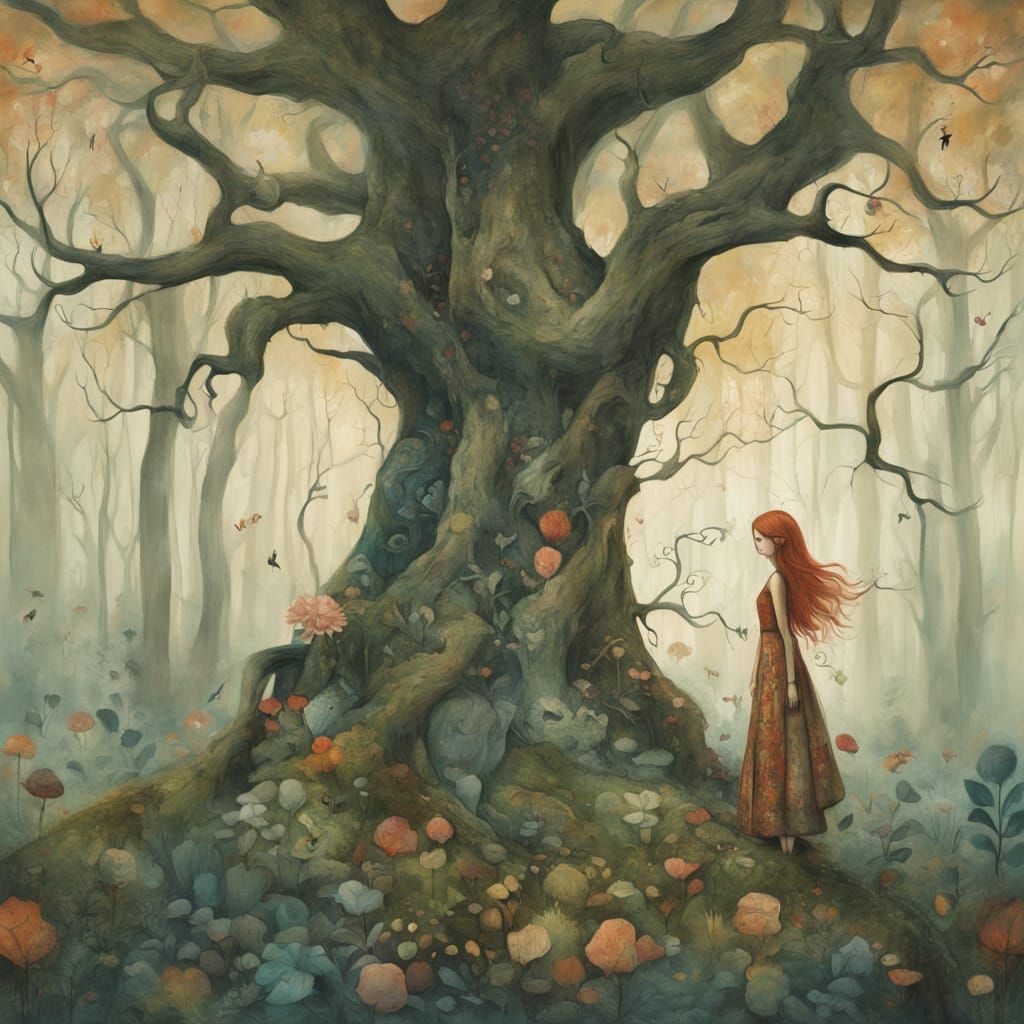 Folk Art Enchantment: Copper Haired Woman and Majestic Drago...