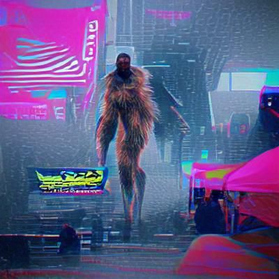 Sasquatch in Cyberpunk 2099 Neon Cityscape