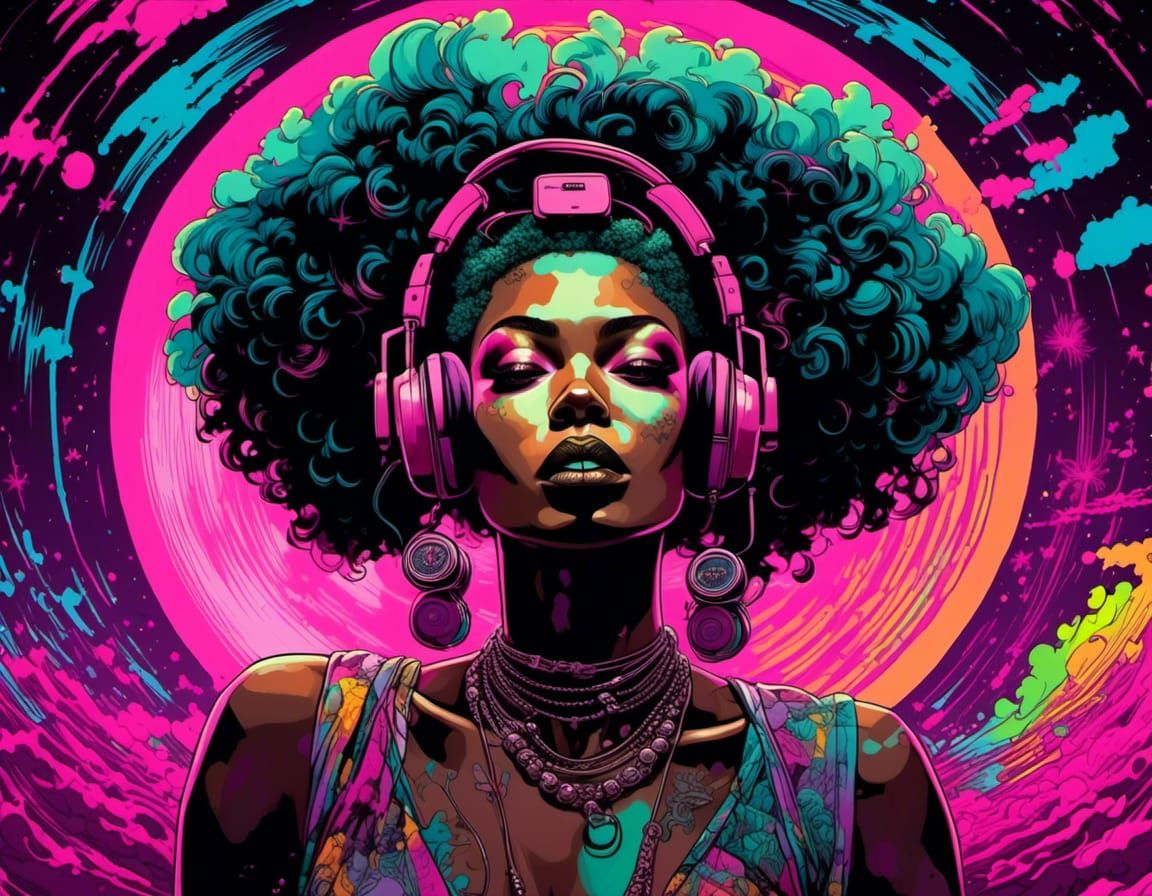 Afropunk Goddess Manipulating Radio Waves in Fantasy Punk Ar...