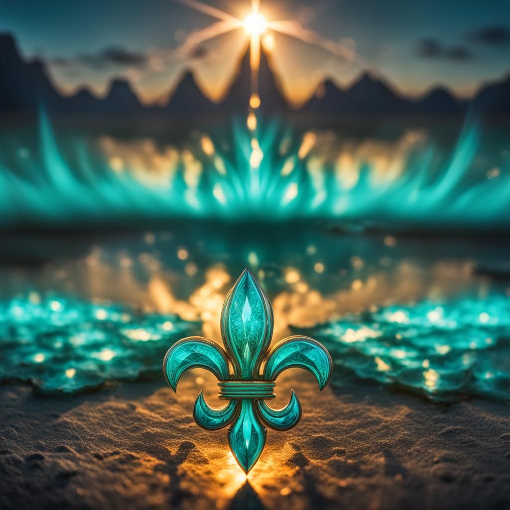 Bioluminescent Fleur-de-Lis at Sunrise: Digital Splash Art