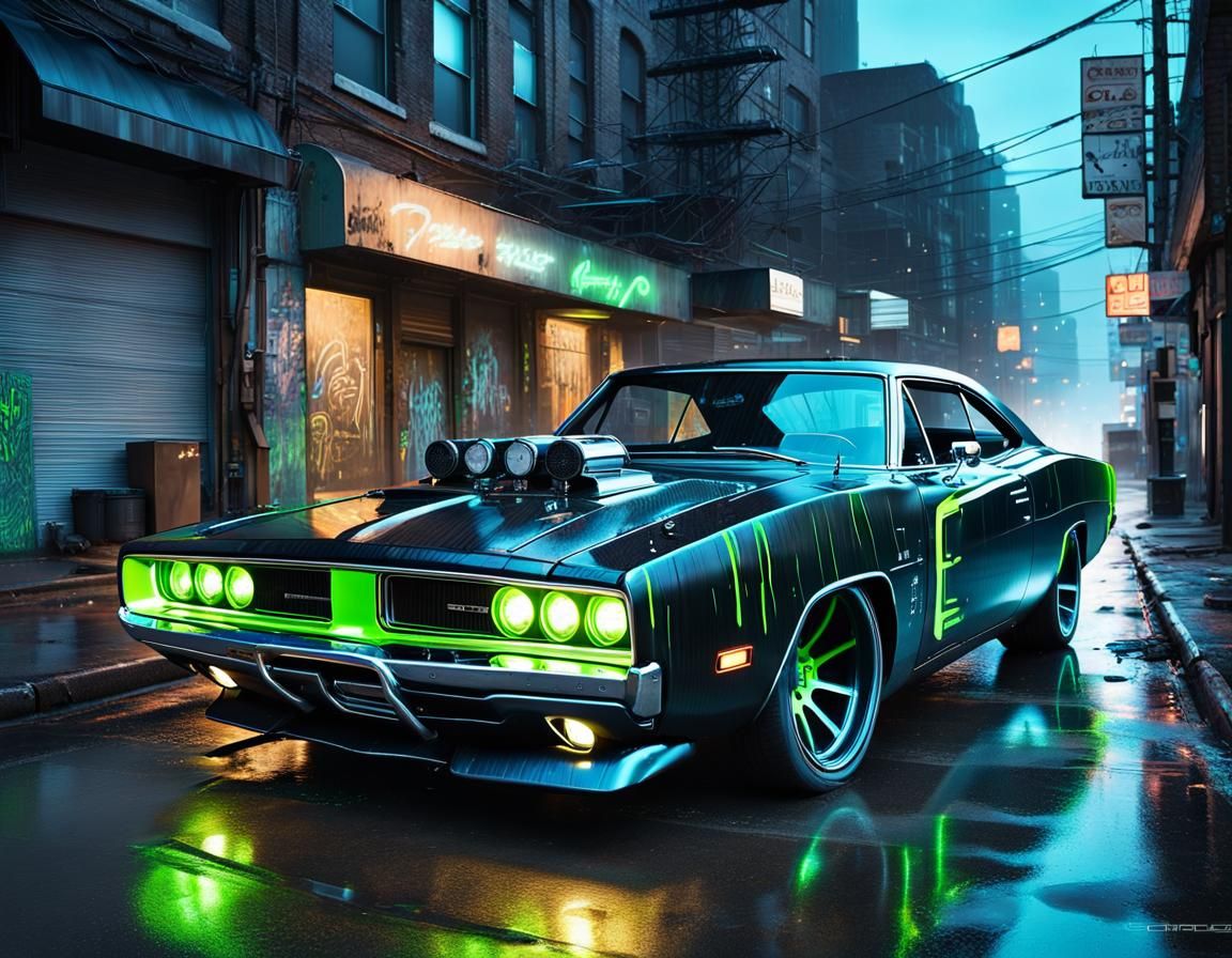 Cyberpunk Dodge Charger in Derelict Cityscape