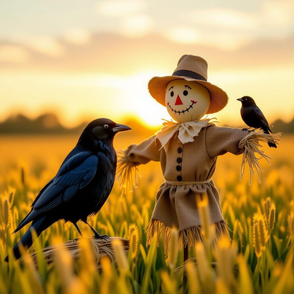Black Bird and Scarecrow Friends in Golden Hour Field