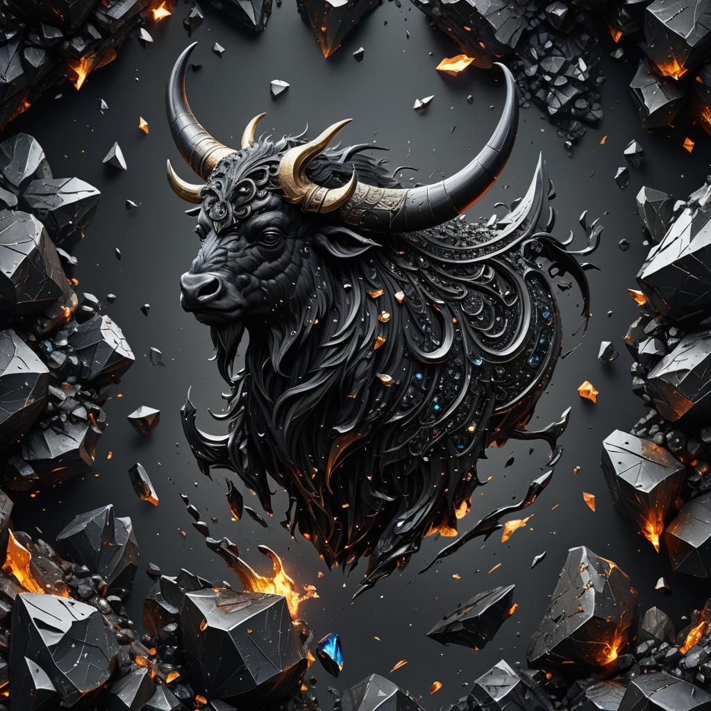 Black Crystal Letter Y with Yak, Detailed Digital Art