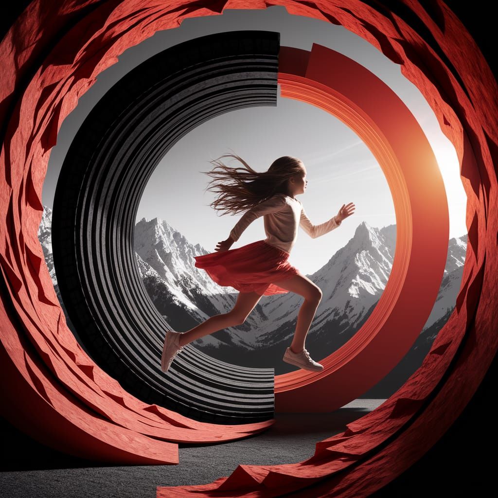 Girl Runs in Abstract Circular Structure with Mountain Backg...