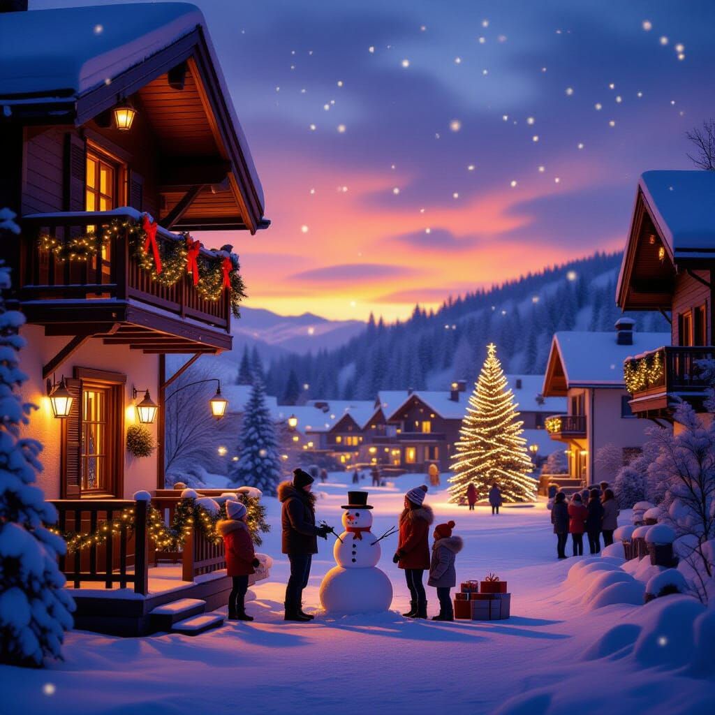 Cozy Snow Village at Sunset with Family Building Snowman