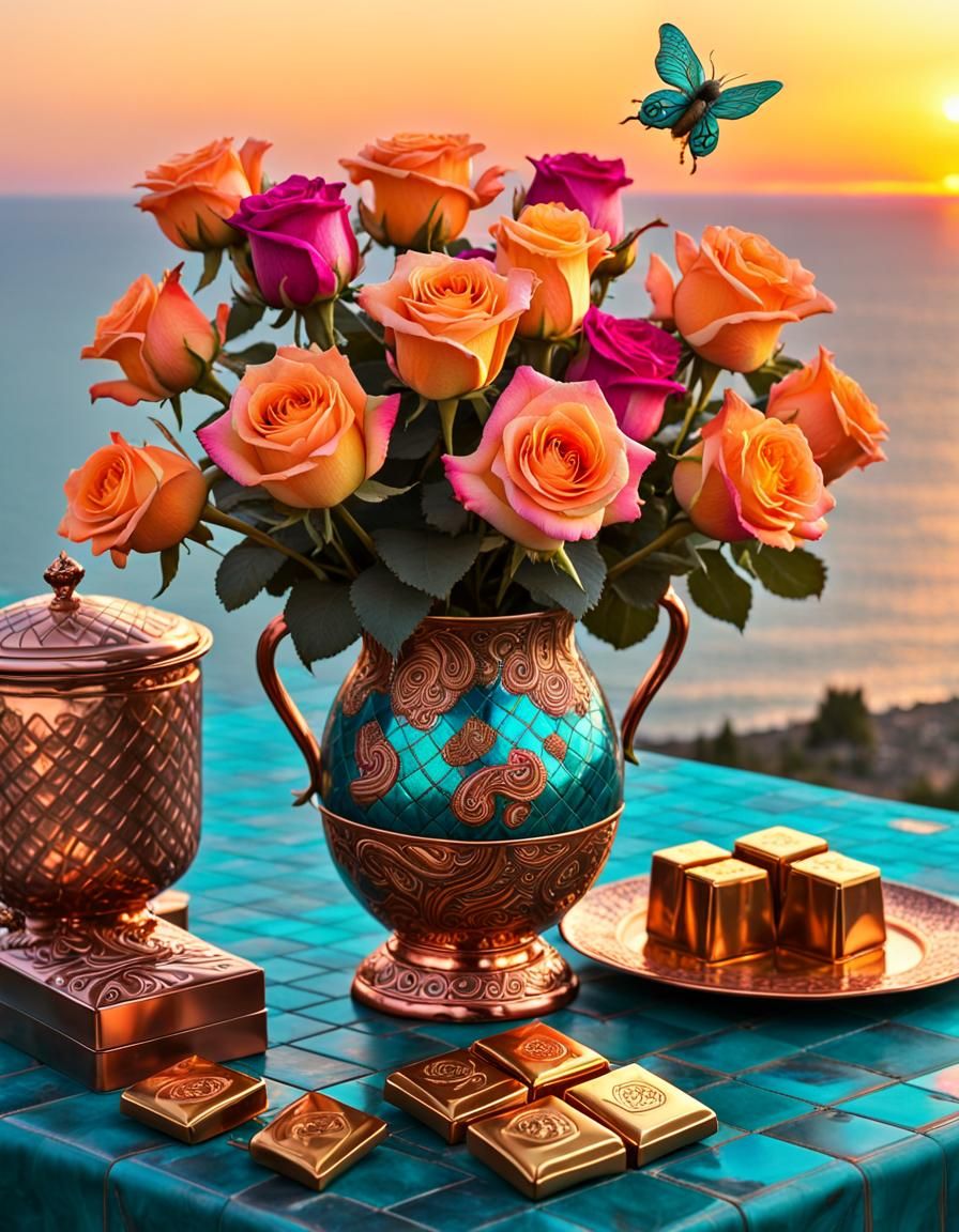 Neon Roses in Copper Vase at Sunrise