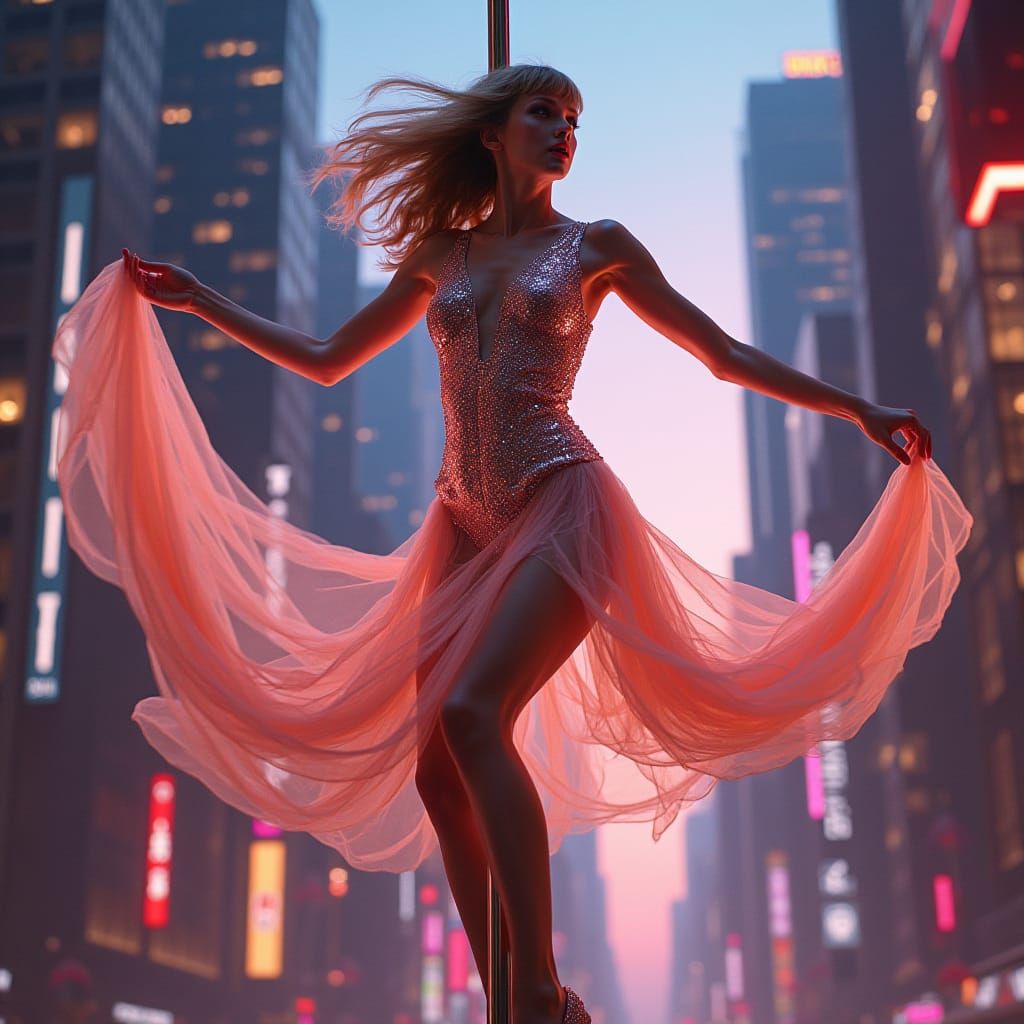 Taylor Swift Pole Dancing in Futuristic Cityscape
