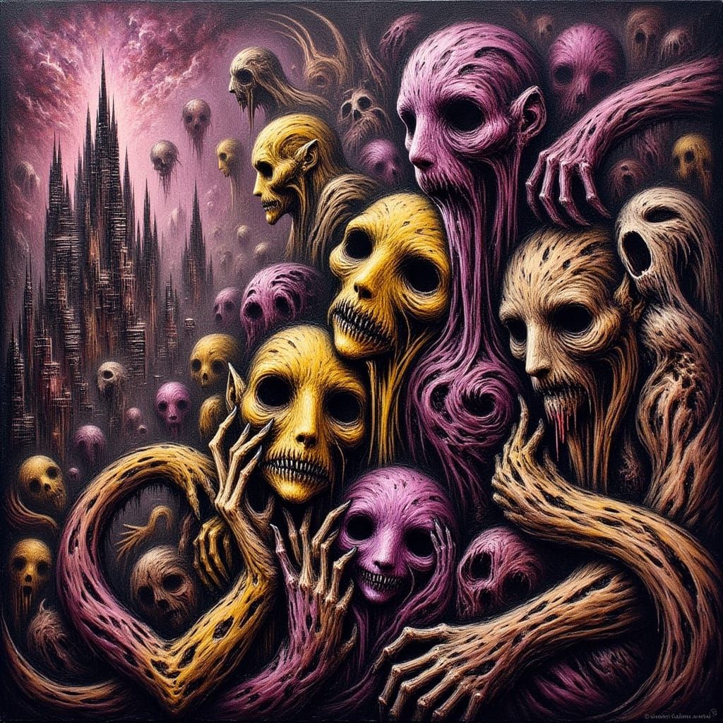 Dark Expressionist Cityscape with Masked Figures