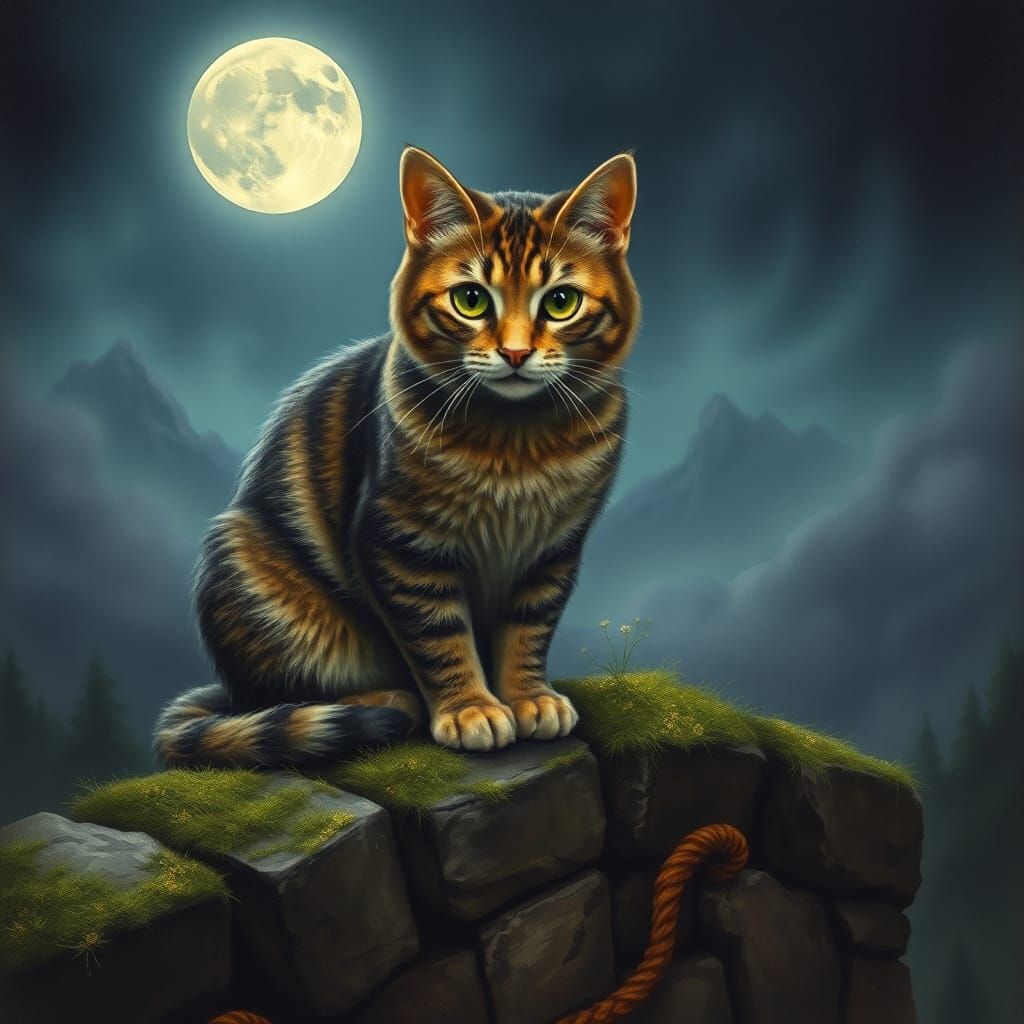 Mystical Moonlit Cat in Romantic Baroque Style