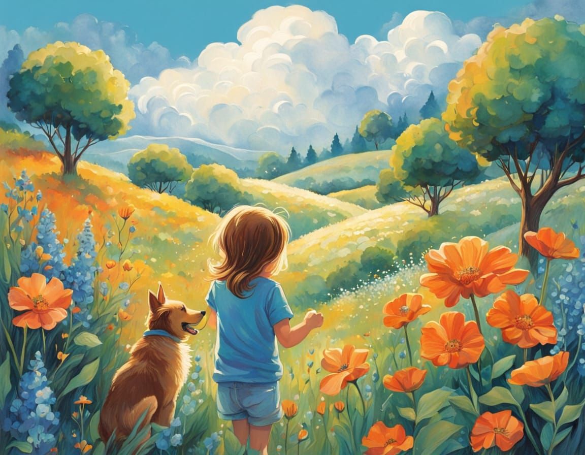 Happy Kid is walking a dog