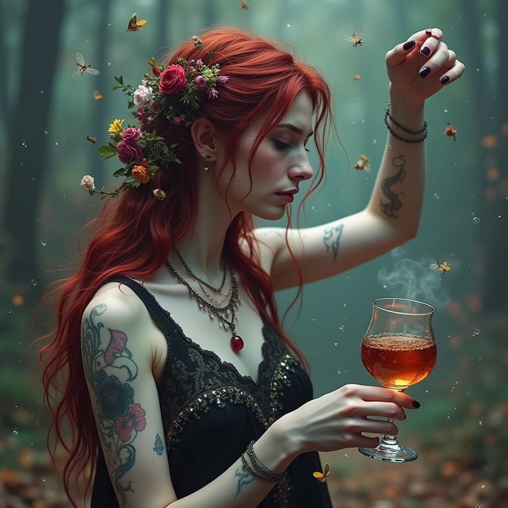 Red-Haired Gypsy Fortune Teller Dancing in Cyberpunk Neon